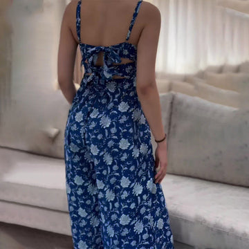 Summer New Leisure Holiday Blue Print Retro Bare Back Double Strap Sling Skirt